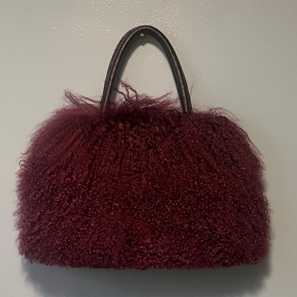 Regina Tibetan lamb fur leather handbag by Overland in blackberry